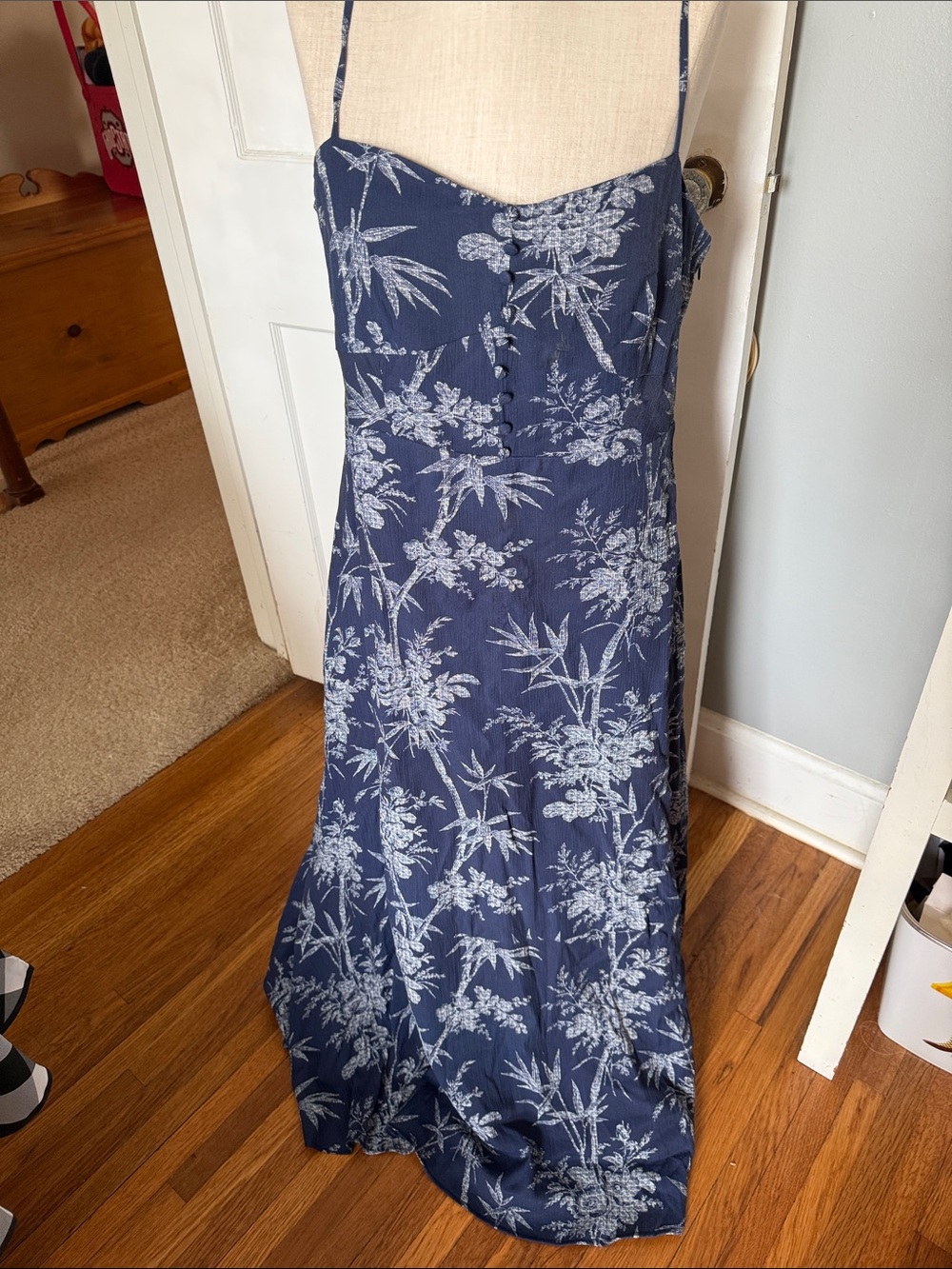 LOFT Navy and White Floral Spaghetti-Strap Maxi Dress